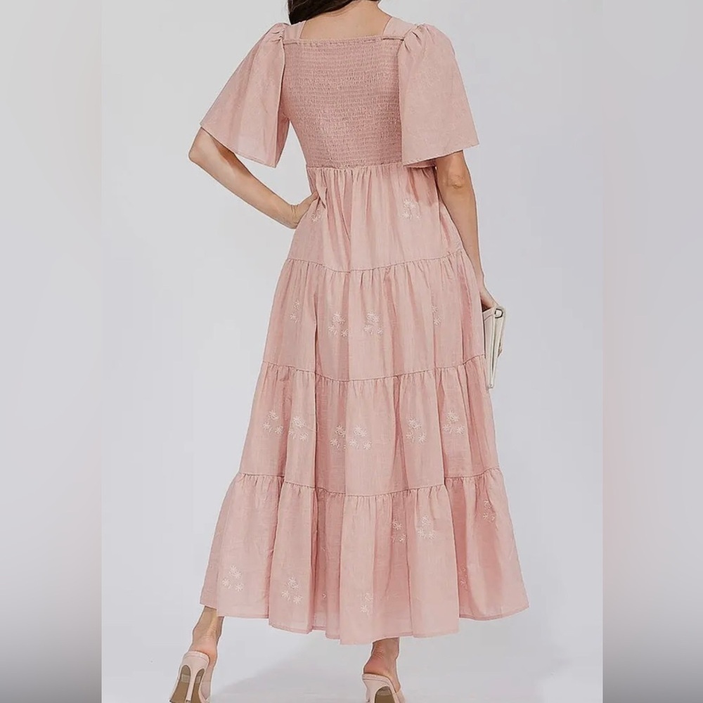 Smocked Bodice Pink Tiered Maxi Dress